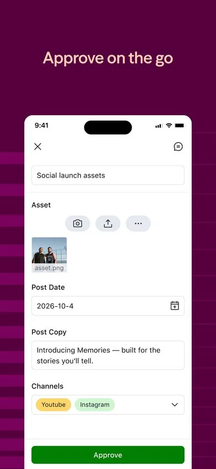 Airtable short-form post: App Store screenshot of a social-launch record with an Approve button on a plum background.