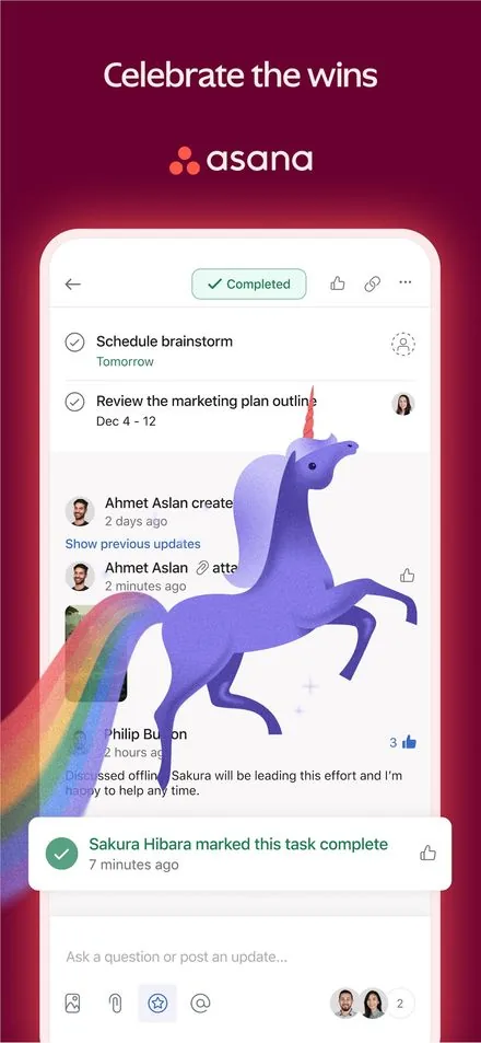Asana short-form post: App Store screenshot of a completed task with a purple unicorn flying across a rainbow on a burgundy background.