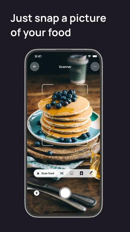 Cal AI short-form post: App Store screenshot of a phone camera framing a plate of blueberry pancakes.