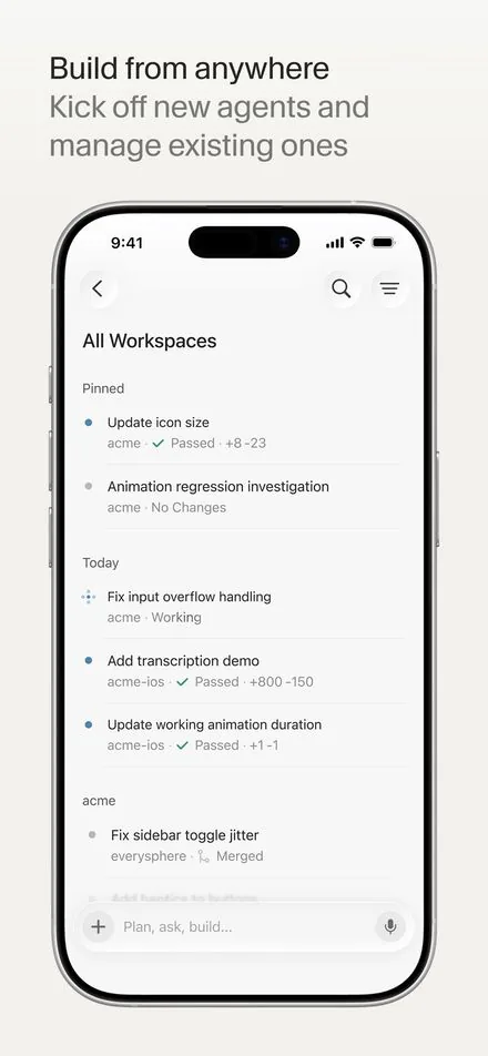 Cursor short-form post: App Store screenshot of a list of workspaces and tasks on a light phone screen.
