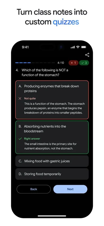 Gemini short-form post: App Store screenshot of a multiple-choice quiz made from class notes on a dark phone screen.