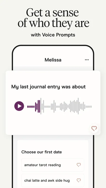 Hinge short-form post: App Store screenshot of a profile voice-prompt card on a cream background.