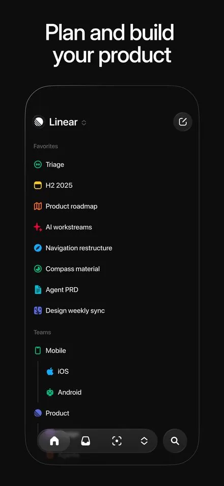 Linear short-form post: App Store screenshot of a sidebar of projects and teams on a black phone screen.