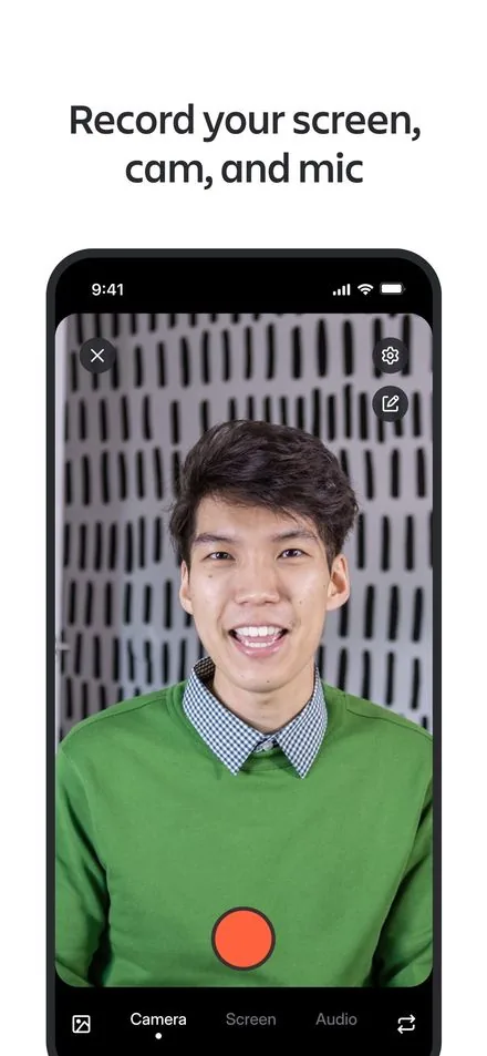 Loom short-form post: App Store screenshot of a smiling person in a green sweater about to record on a phone.