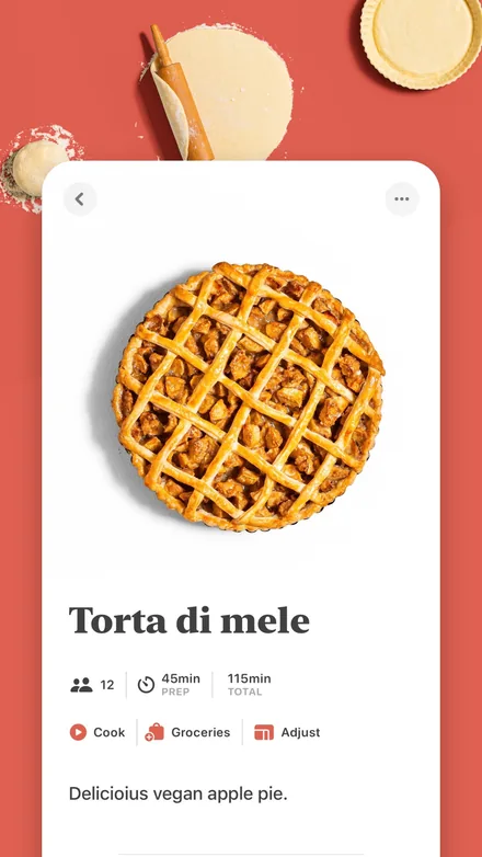 Mela short-form post: App Store screenshot of an apple pie recipe card on a coral background.