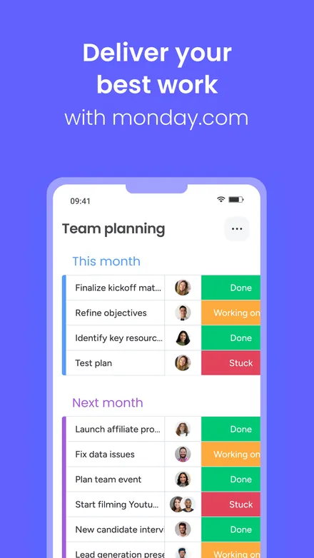 monday.com short-form post: App Store screenshot of a team planning board with colored status labels on a violet background.