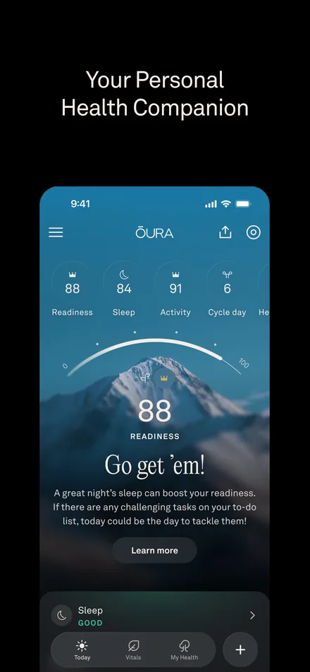 Oura short-form post: App Store screenshot of a dark readiness screen over a mountain landscape.