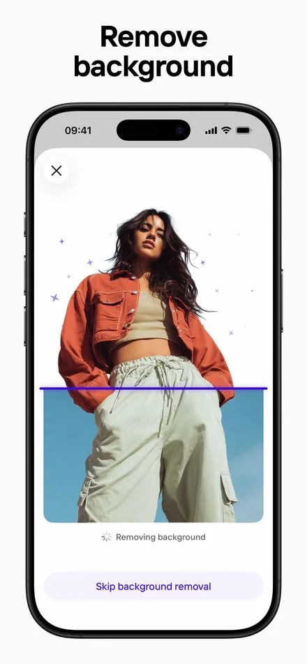 Photoroom short-form post: App Store screenshot of a model in an orange jacket with the background being removed.