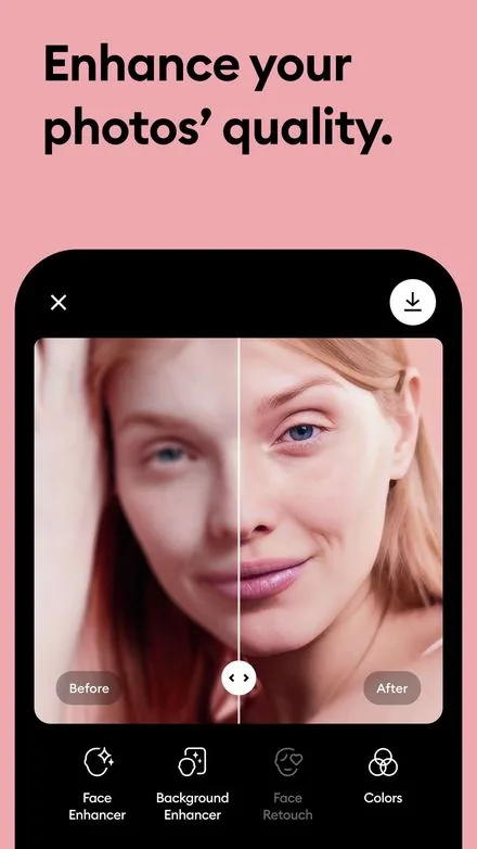 Remini short-form post: App Store screenshot of a before-and-after photo enhancement of a face on a pink background.