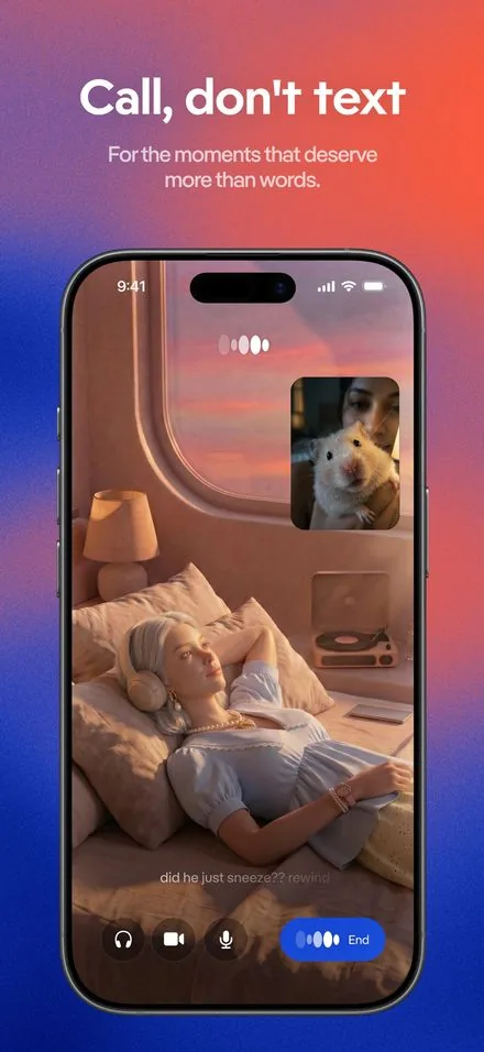 Replika short-form post: App Store screenshot of a video call with an AI companion in a bedroom, on a blue gradient.