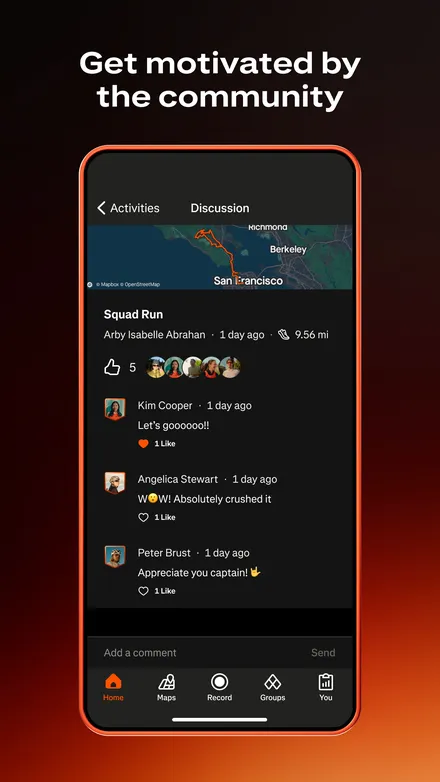 Strava short-form post: App Store screenshot of a community discussion feed on a dark phone screen.