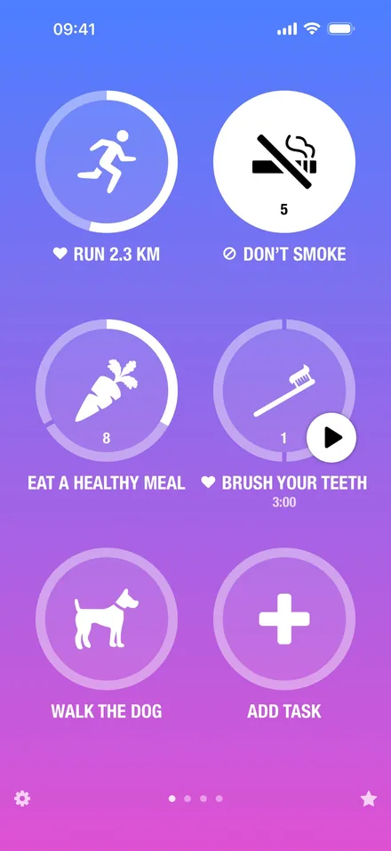 Streaks short-form post: App Store screenshot of six habit circles such as run, eat a healthy meal and walk the dog on a purple gradient.