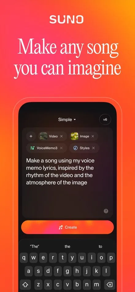 Suno short-form post: App Store screenshot of a phone with a song prompt box on an orange background.