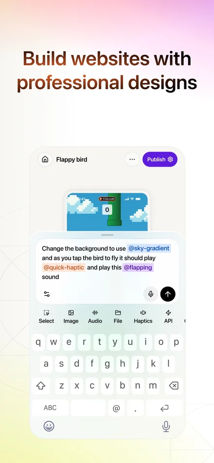 Vibecode short-form post: App Store screenshot of a prompt box and keyboard on a pale gradient, with a game preview above.